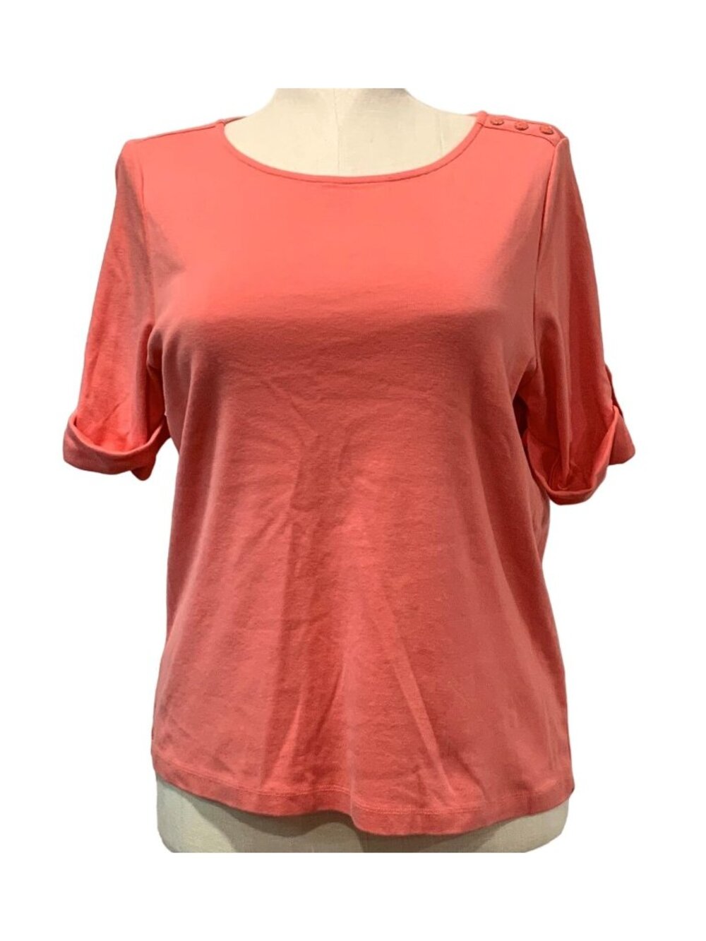 CJ Banks Round Neck Top Womens Sz X Coral Cotton Button-Detail Short Sleeve Cuff